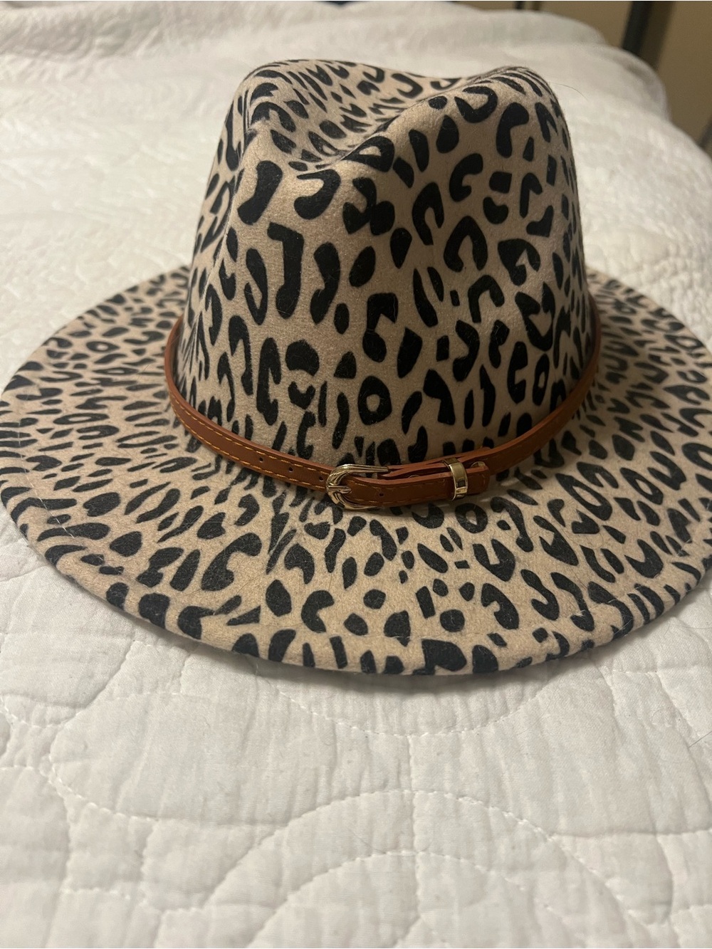 Leopard Print Fedora Hat with Brown Leather Band